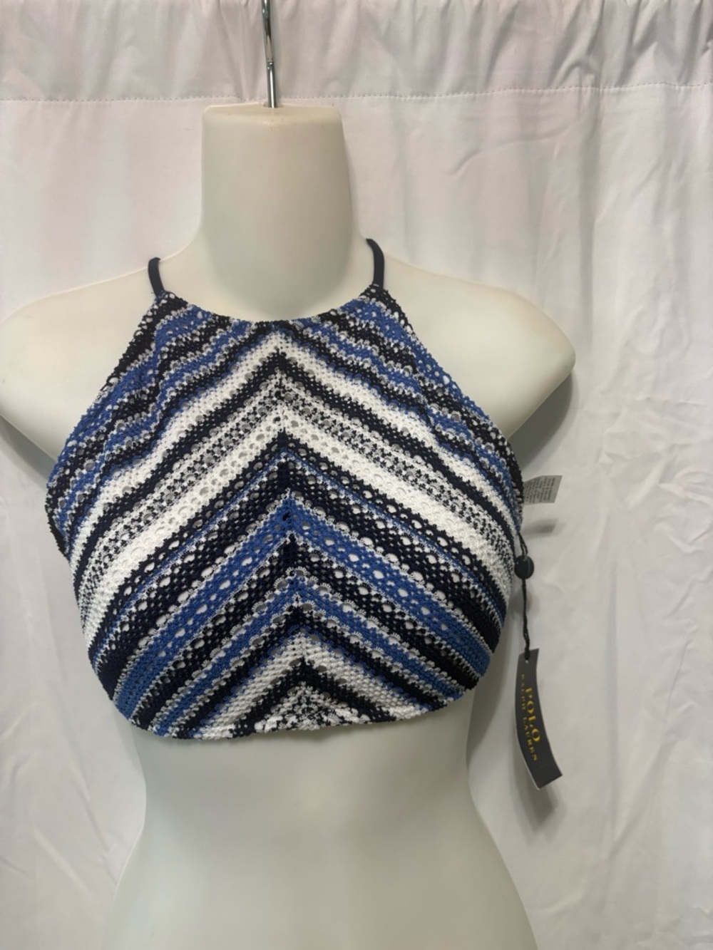 Ralph Lauren Blue White Navy Striped Crochet Halter Tank